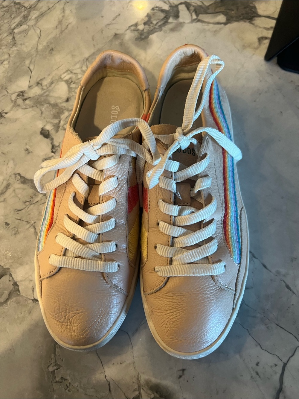 Soludos Rainbow Embroidered Stripe Leather Sneakers Cream Casual Shoes Size 8.5